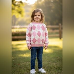 Cozy Pink Argyle Kids Sweater
